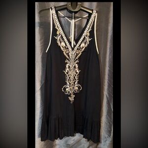 Free People Crazy For Love Dress Embroidered Beads V Neck,Tassel Back Detail BLK